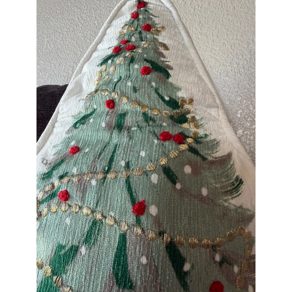 Hallmark Christmas Tree Shaped Throw Pillow Embroidered Pom Poms Gold 12x16